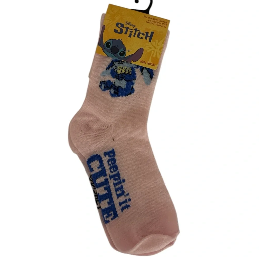 Disney Pink Ankle Socks with Blue Stitch Graphic